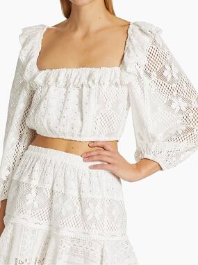 Love Shack Fancy White Eyelet Crochet Crop Top with Gold Logo Tag